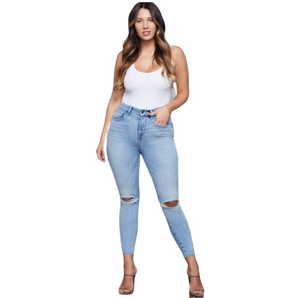 NEW Good American Good Waist Crop Fray Hem Distressed Knees Blue Wash Jeans NWT - Picture 1 of 9